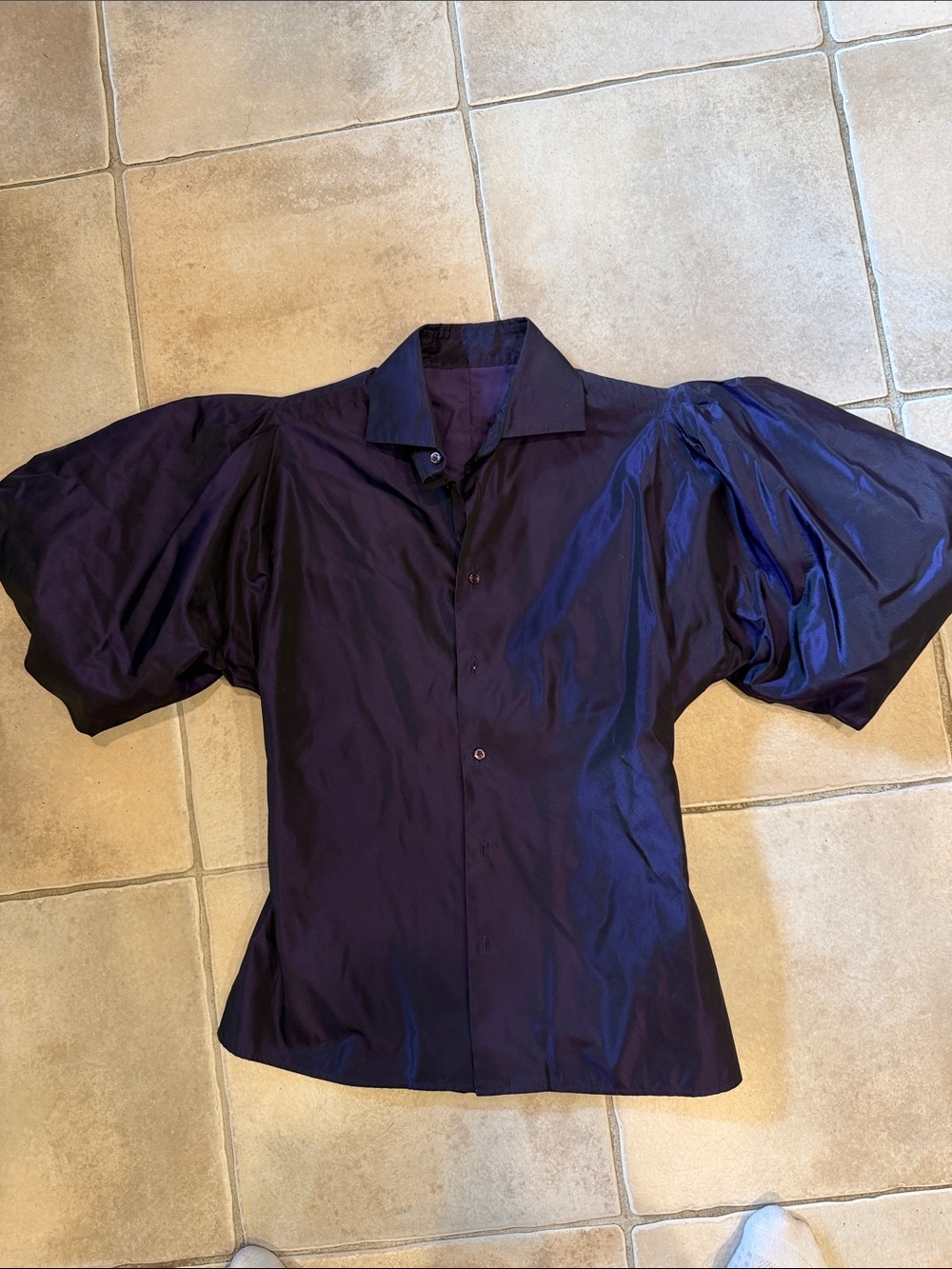 Beautiful silk purpleish black iridescent fitted short puff sleeve top.